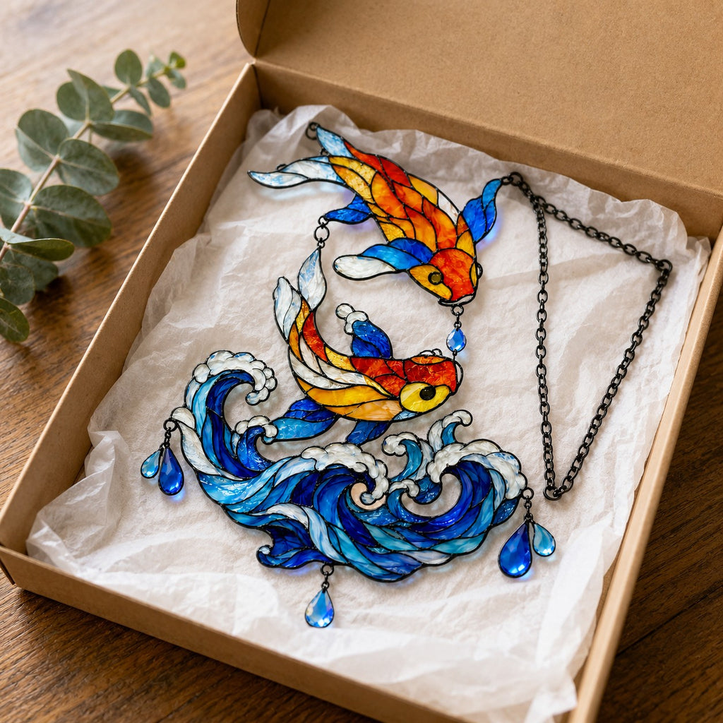 Koi Fish Couple Ocean Wave Holographic Acrylic Suncatcher