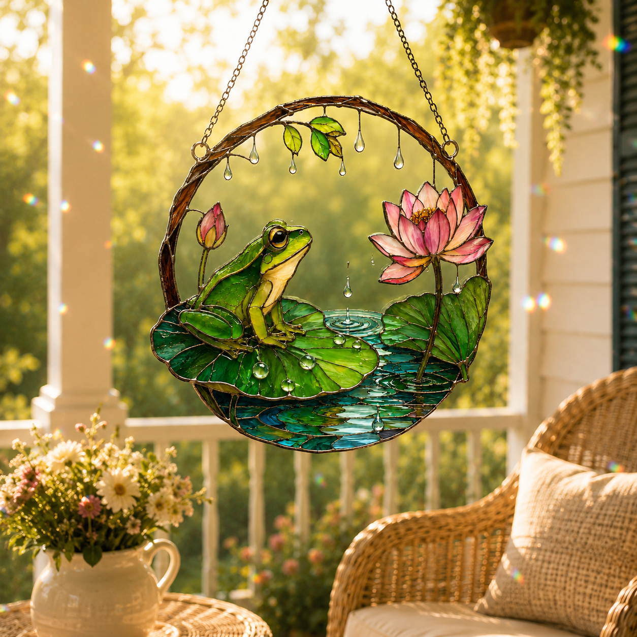 Frog on Lily Pad & Lotus Pond Holographic Acrylic Suncatcher