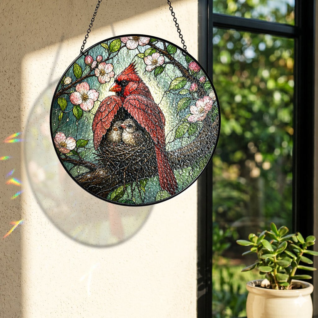 Cardinal Couple & Nest Stained Glass Suncatcher