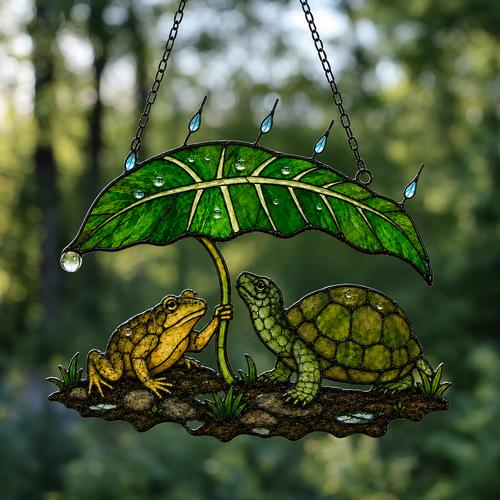 Frog Couple Under a Leaf Umbrella by the Pond Holographic Acrylic Suncatcher