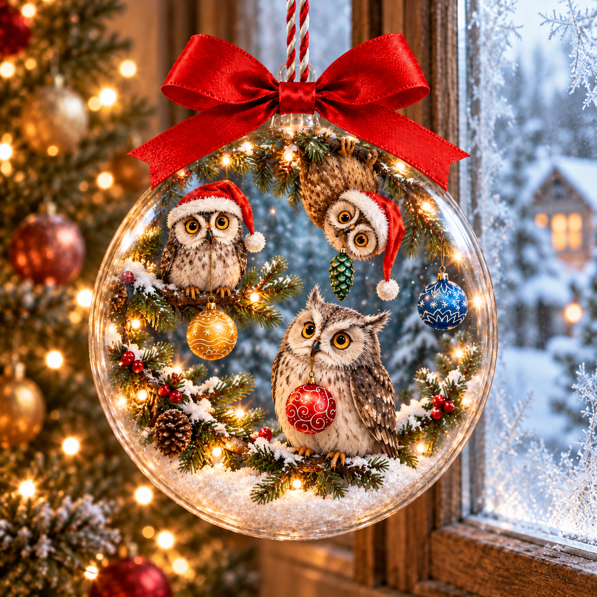 Three Owls in Santa Hats Snowy Christmas Bauble Ornament