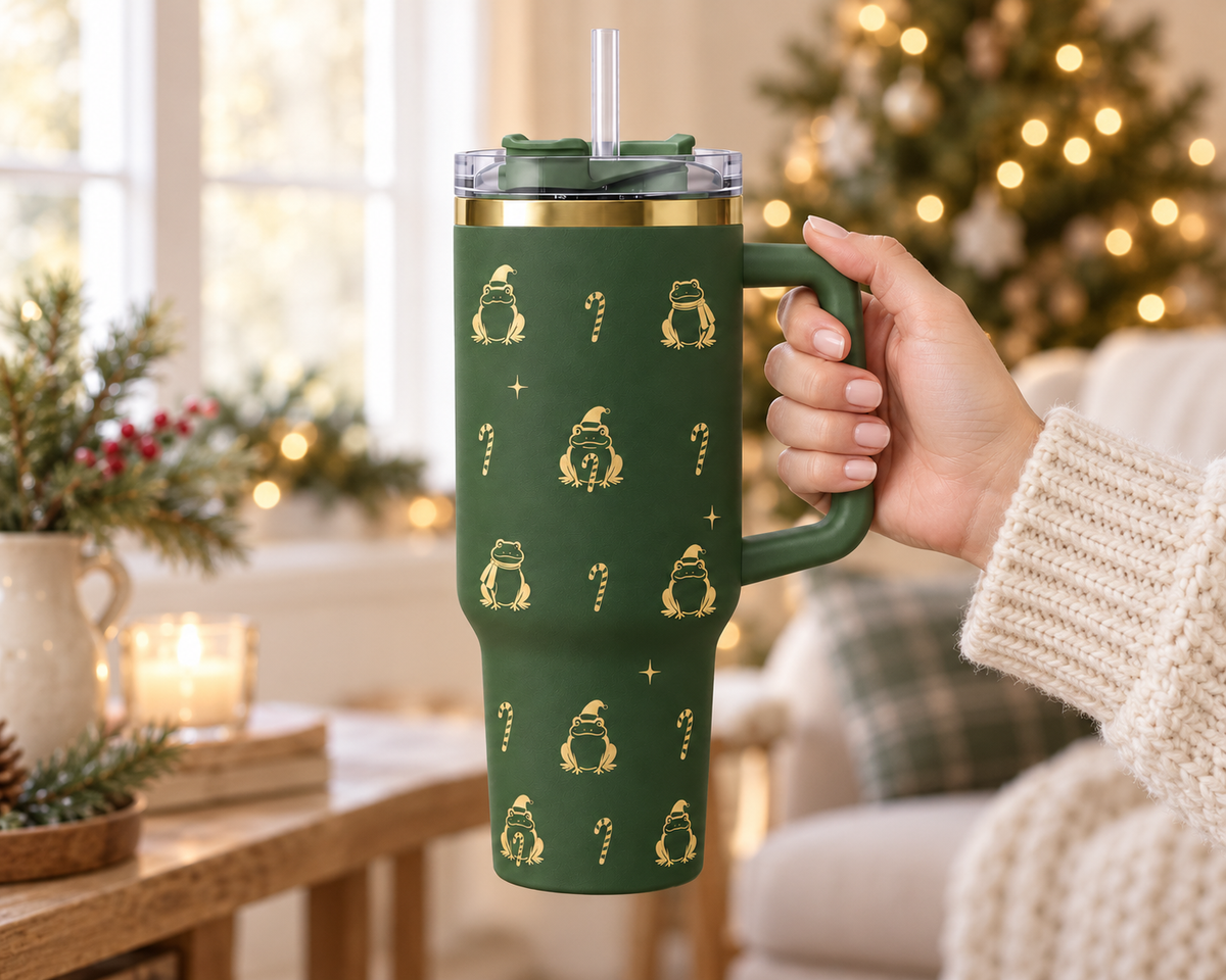 Christmas Frog 40 oz Tumbler with Handle & Straw — Santa Hat Frogs, Candy Canes, White or Light Pink