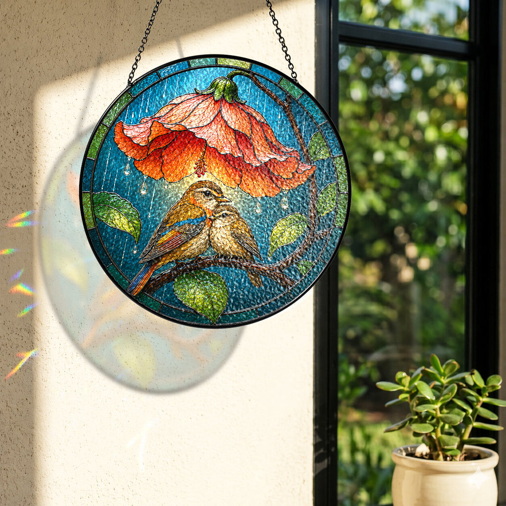 Lovebirds Flower Umbrella Stained Glass Suncatcher
