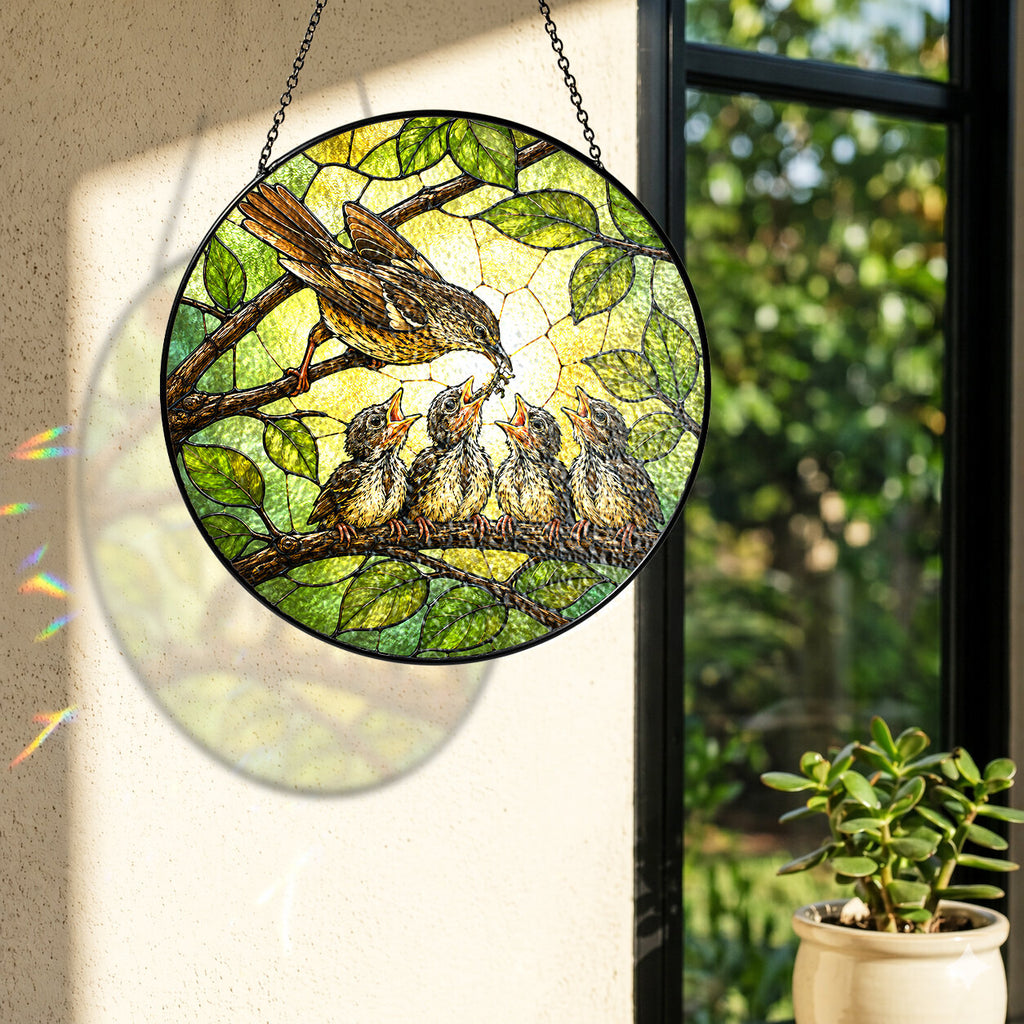 Mother Bird Feeding Chicks Stained Glass Suncatcher