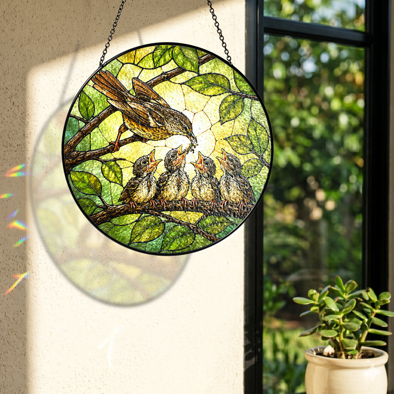 Mother Bird Feeding Chicks Stained Glass Suncatcher