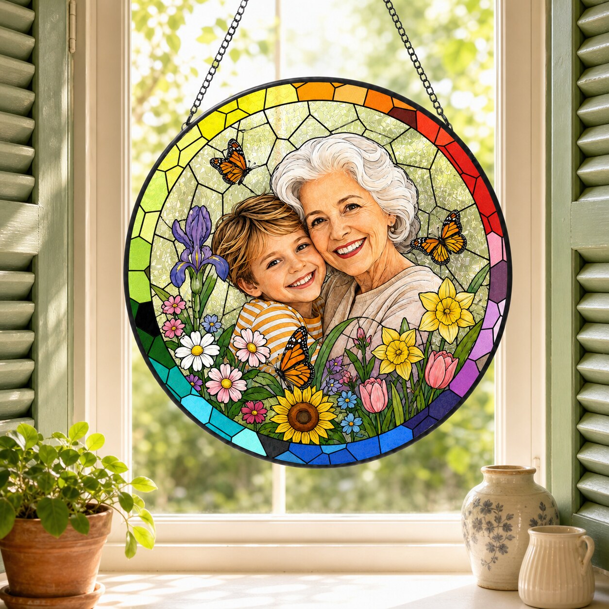 Personalized Rainbow Garden Photo Stained Glass Suncatcher