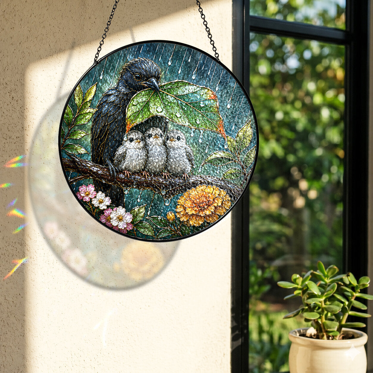 Sheltering Bird Family Stained Glass Suncatcher
