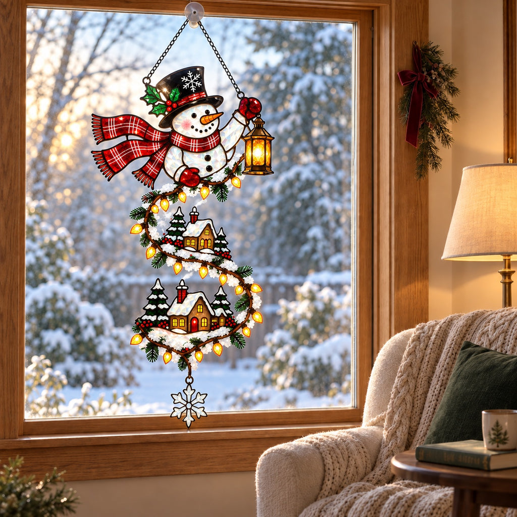 Personalized Snowman with Lantern & Winding Village Holographic Acrylic Suncatcher