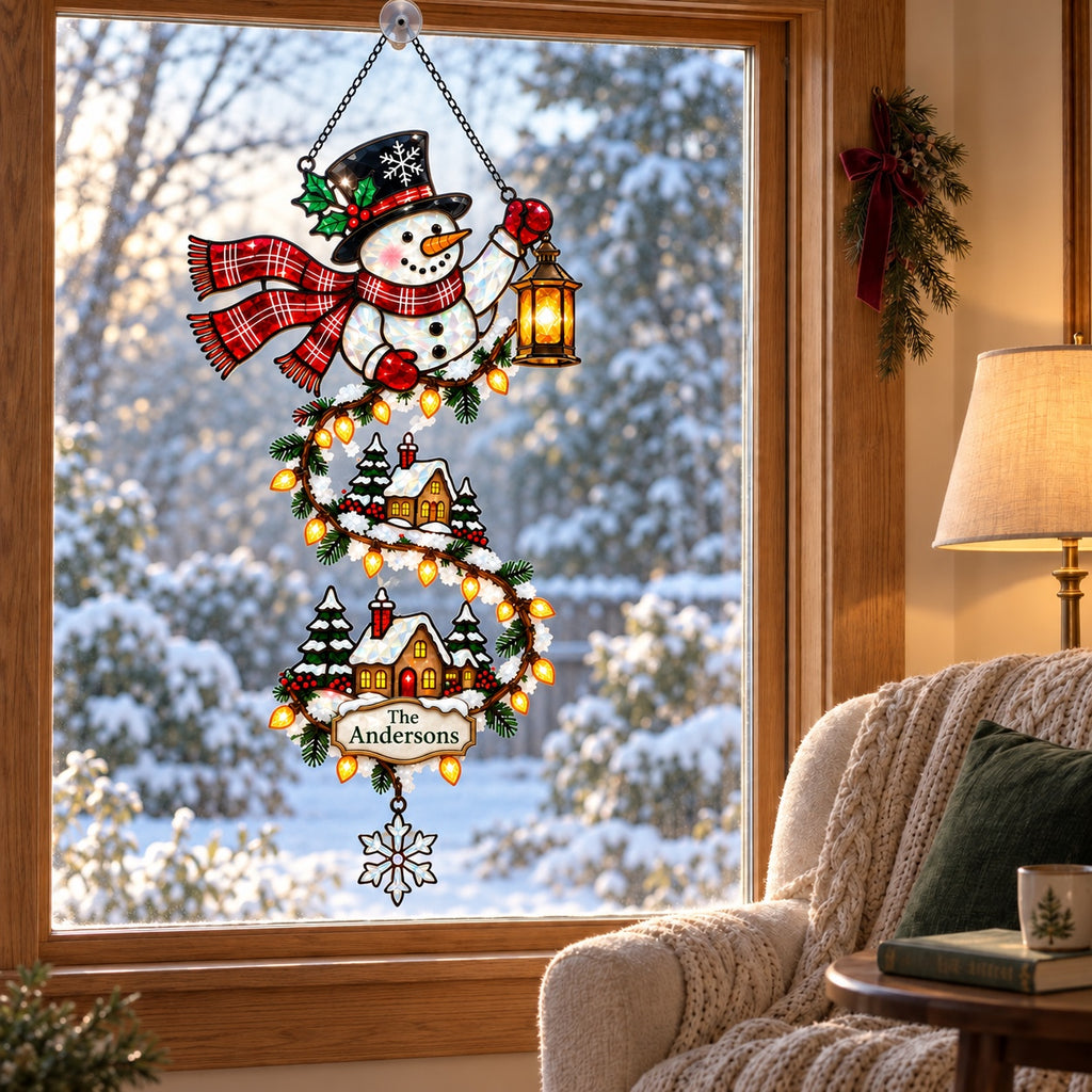 Personalized Snowman with Lantern & Winding Village Holographic Acrylic Suncatcher