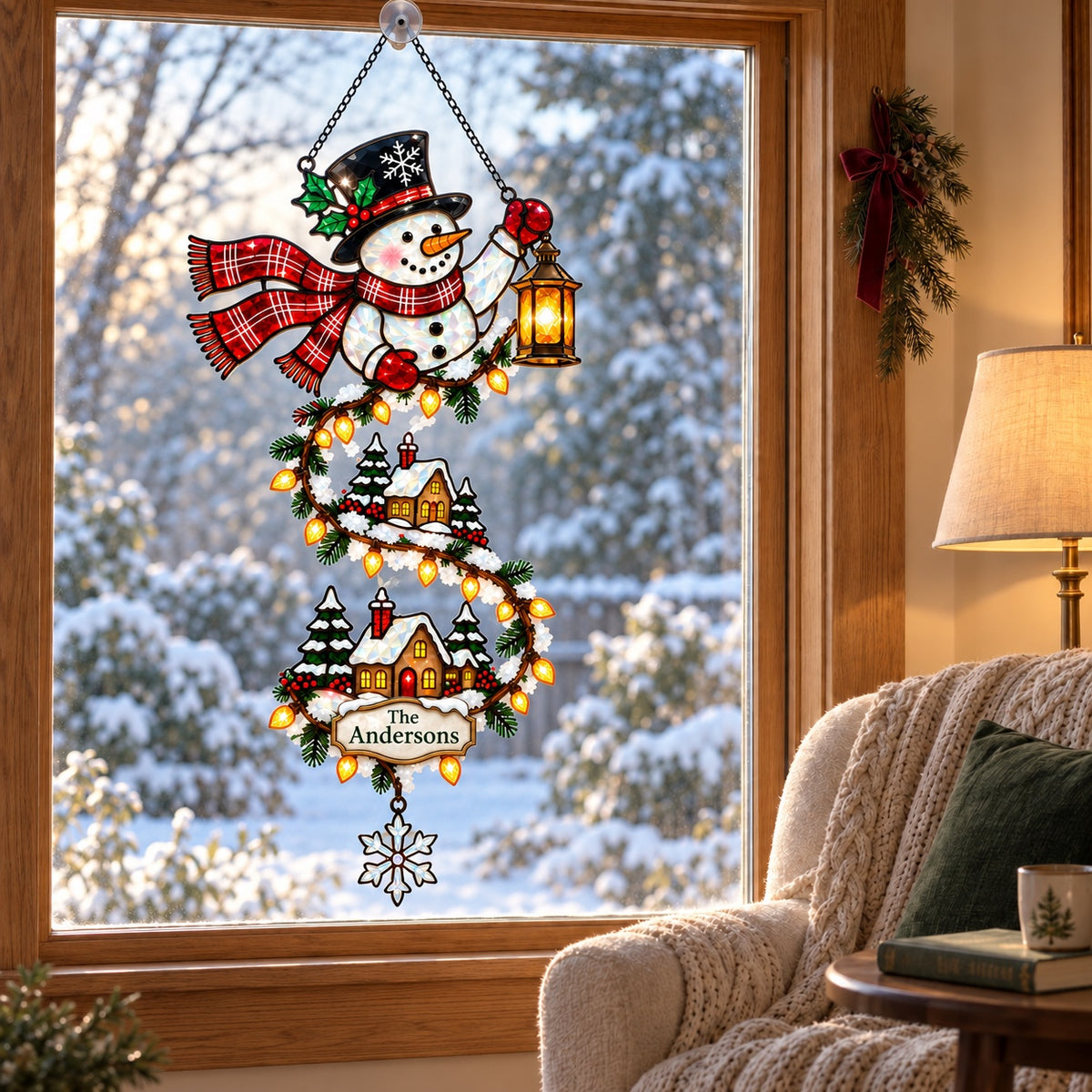 Personalized Snowman with Lantern & Winding Village Holographic Acrylic Suncatcher