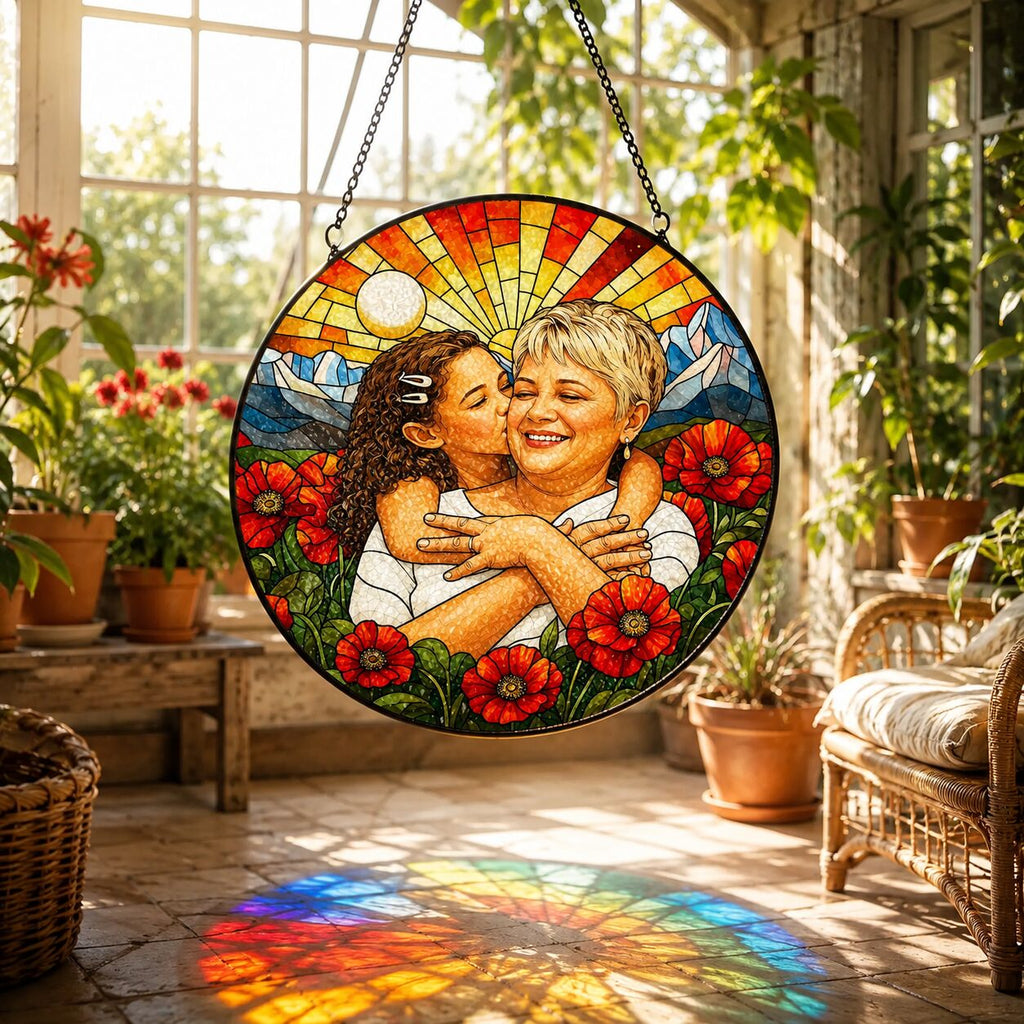 Personalized Poppy Sunrise Photo Stained Glass Suncatcher