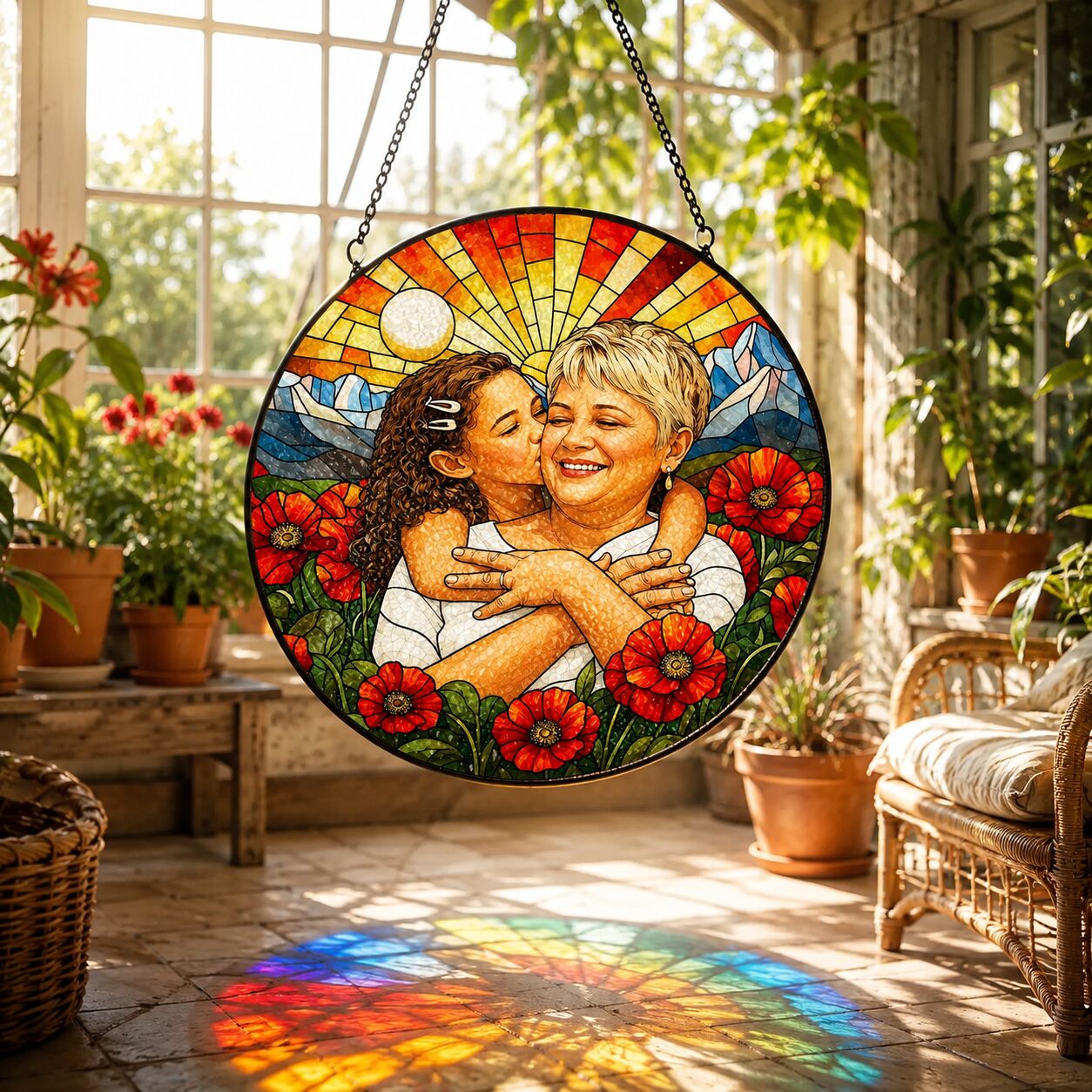 Personalized Poppy Sunrise Photo Stained Glass Suncatcher