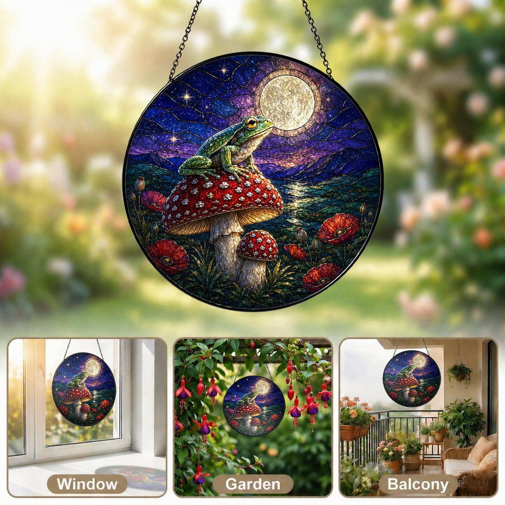 Frog on Mushroom Moonlit Stained Glass Suncatcher