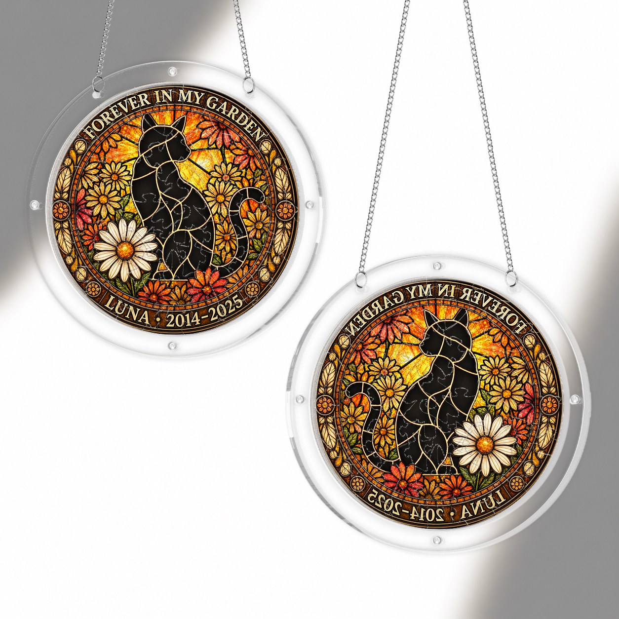 Cat memorial puzzle suncatcher shown from two angles