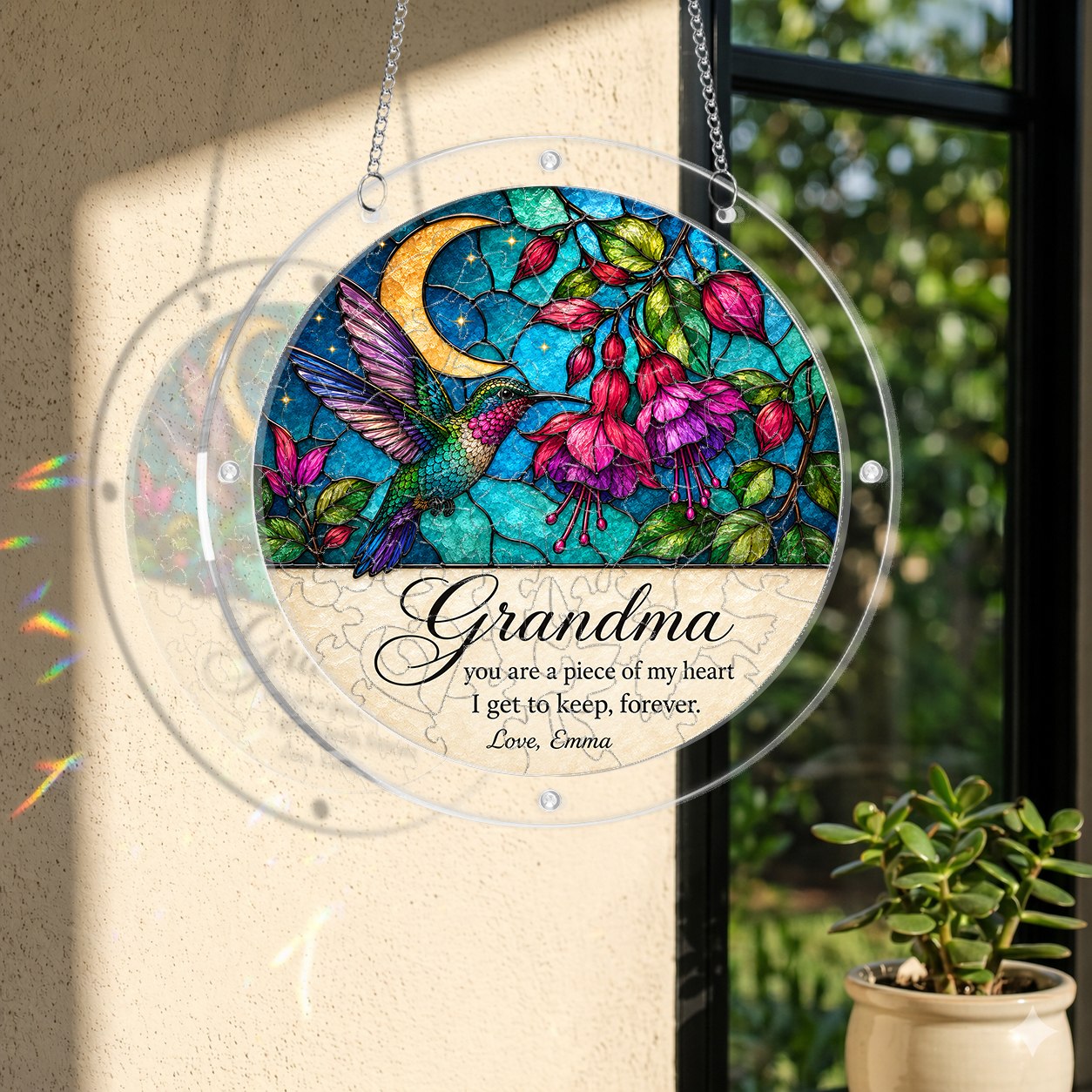 Personalized Grandma Hummingbird Acrylic Puzzle Suncatcher