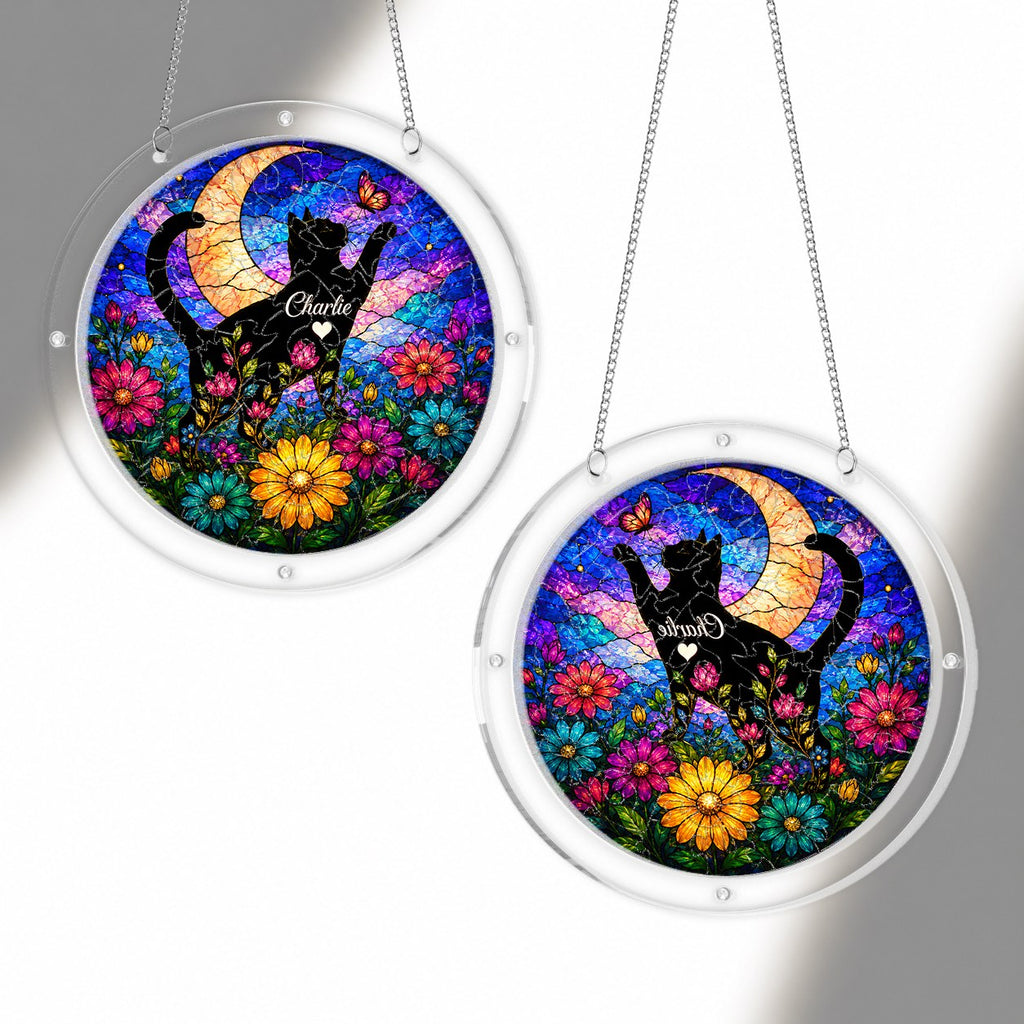 Cat memorial puzzle suncatcher shown from two angles