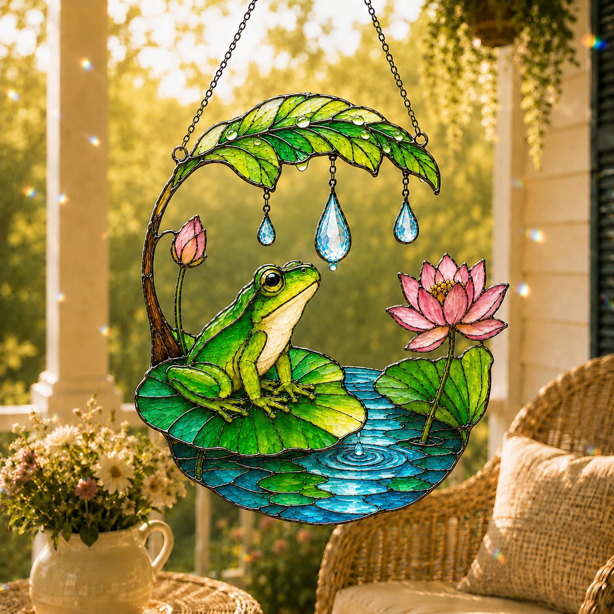 Frog suncatcher hanging on a garden porch