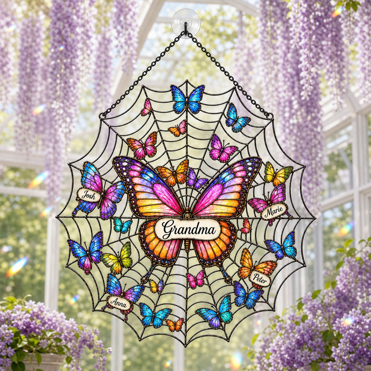 Personalized butterfly suncatcher hanging in a conservatory with wisteria