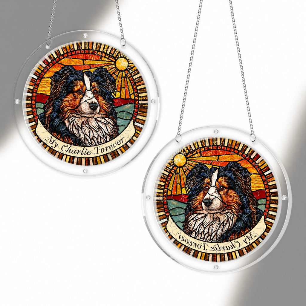 Dog memorial puzzle suncatcher shown from two angles