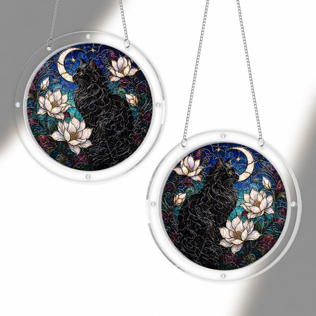 Black cat memorial puzzle suncatcher shown from two angles