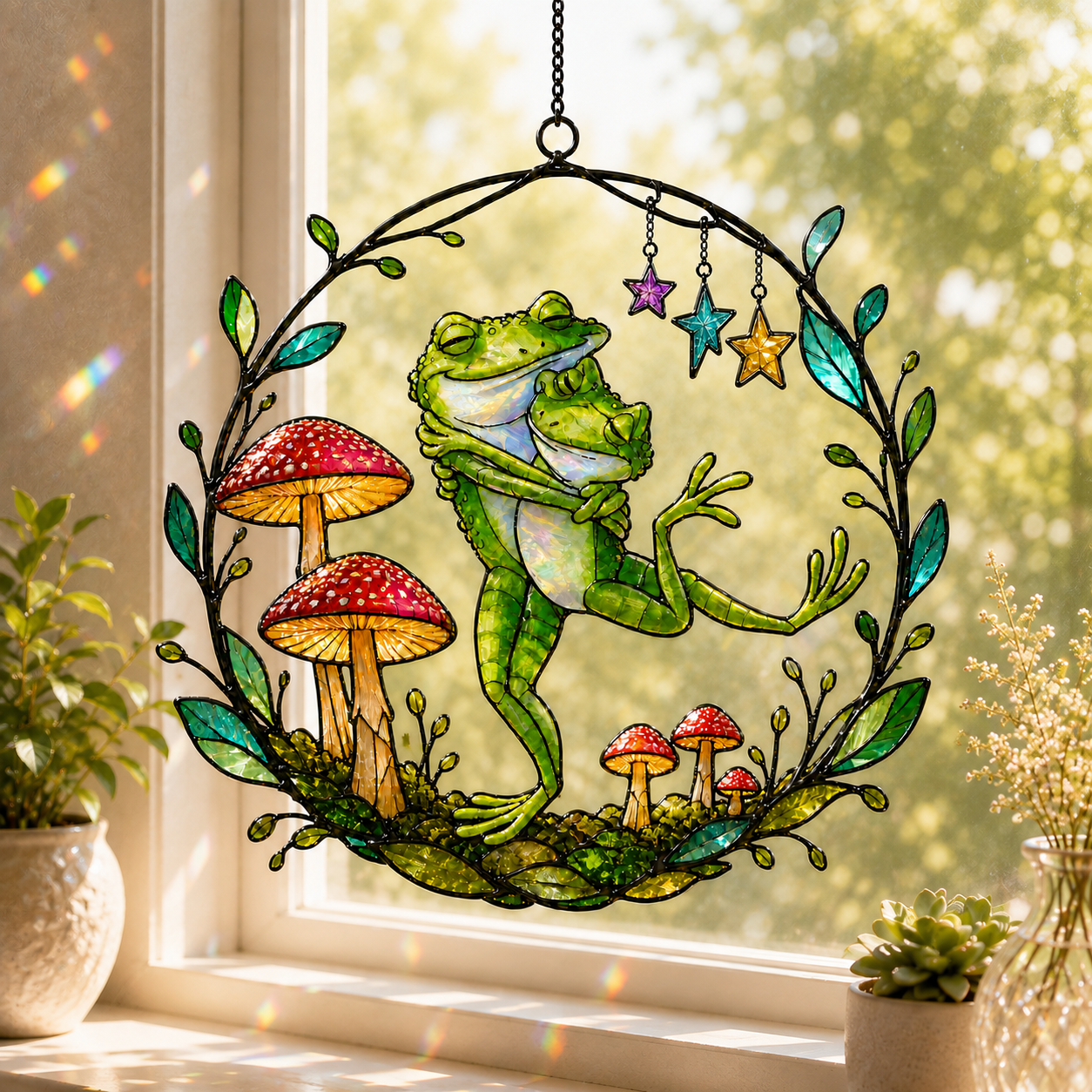 Dancing Frog Couple with Mushrooms Holographic Acrylic Suncatcher