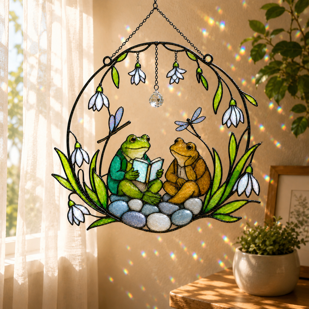 Frog Couple Reading a Book Holographic Acrylic Suncatcher
