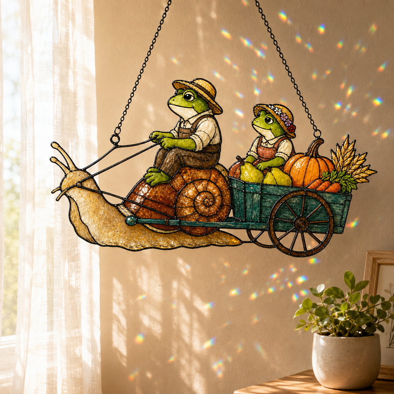 Frog Couple Pumpkin Harvest Snail Cart Holographic Acrylic Suncatcher
