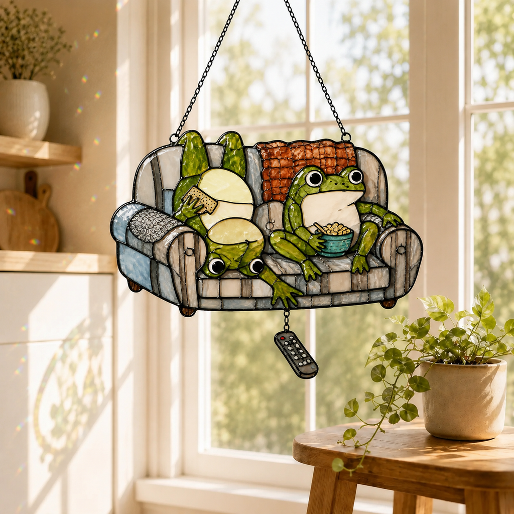 Frog Couple Movie Night on Couch Holographic Acrylic Suncatcher