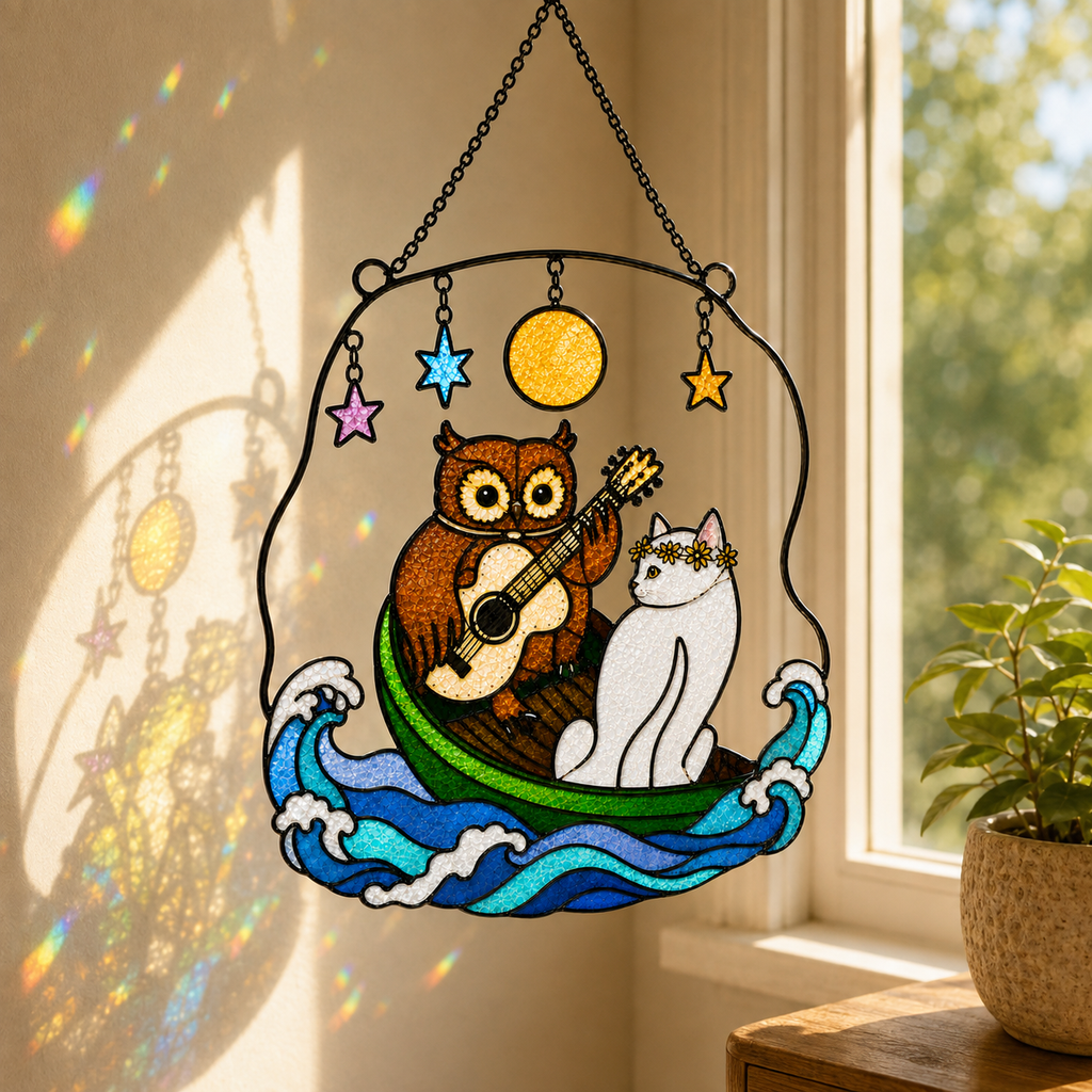 Owl and Cat Couple in a Boat Holographic Acrylic Suncatcher