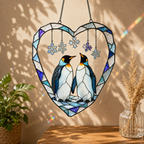 Penguin Couple Heart Snowflake Holographic Acrylic Suncatcher