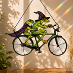 Witch Frog Couple on a Bicycle Holographic Acrylic Suncatcher