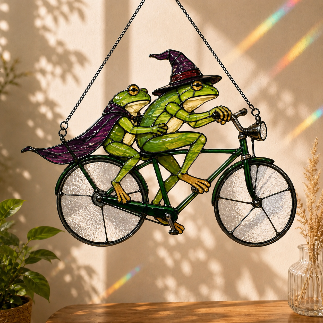 Witch Frog Couple on a Bicycle Holographic Acrylic Suncatcher