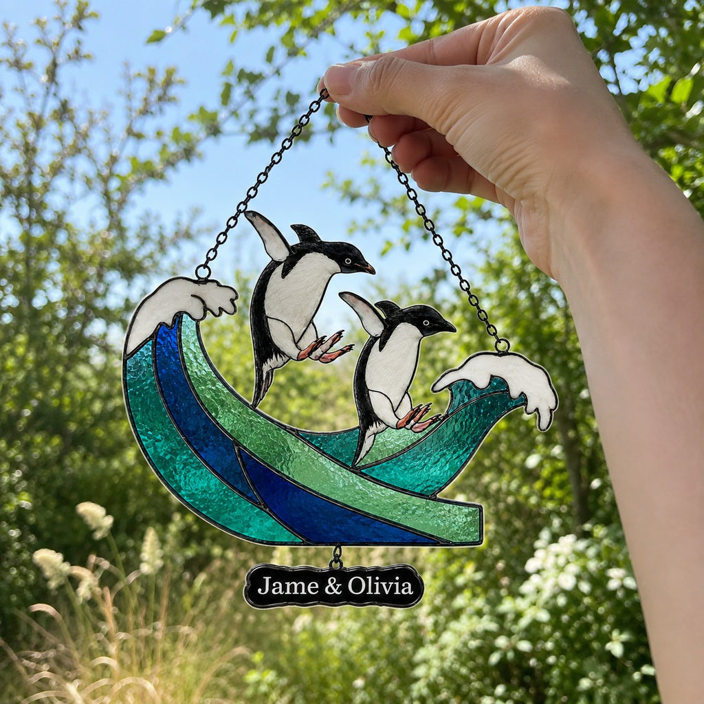 Personalized Penguin Couple Ocean Wave Holographic Acrylic Suncatcher
