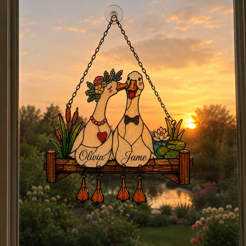 Personalized Goose Couple Wedding Fence Holographic Acrylic Suncatcher