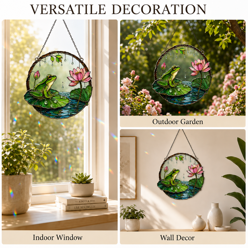 Frog on Lily Pad & Lotus Pond Holographic Acrylic Suncatcher