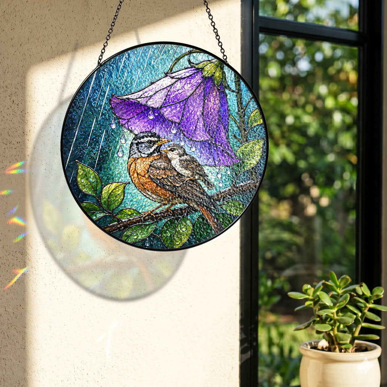 Bird & Purple Bellflower Umbrella Stained Glass Suncatcher