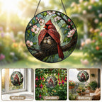 Cardinal Couple & Nest Stained Glass Suncatcher