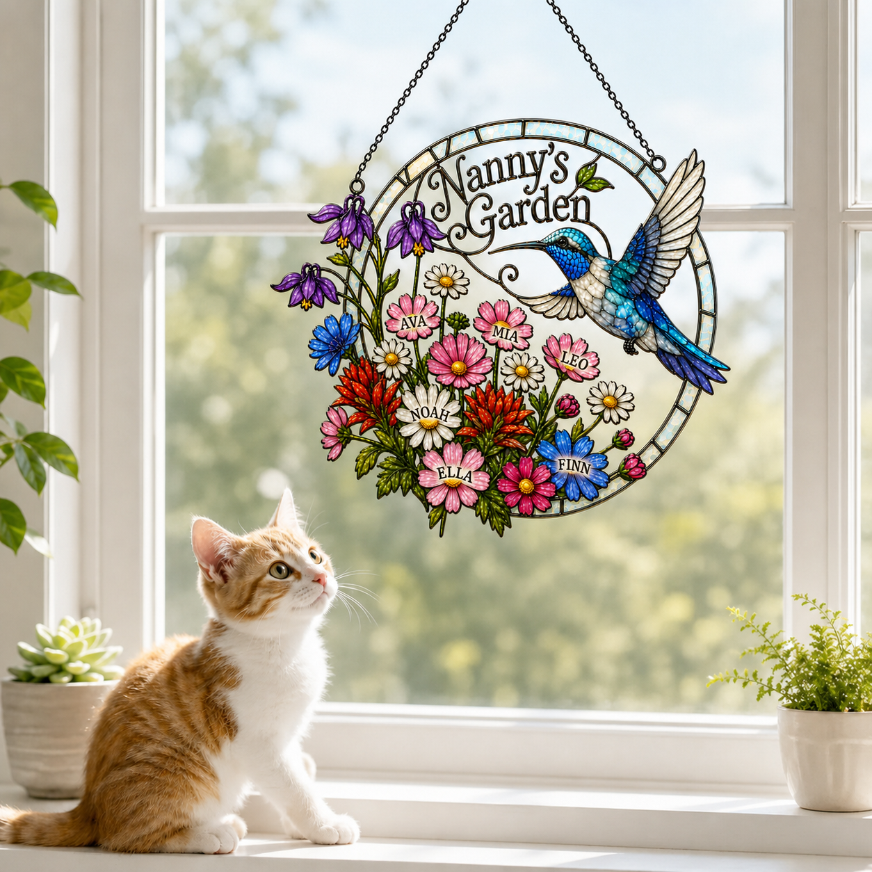 Personalized Nanny's Garden Hummingbird Holographic Acrylic Suncatcher