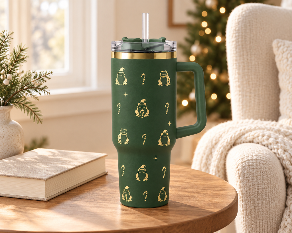 Christmas Frog 40 oz Tumbler with Handle & Straw — Santa Hat Frogs, Candy Canes, White or Light Pink