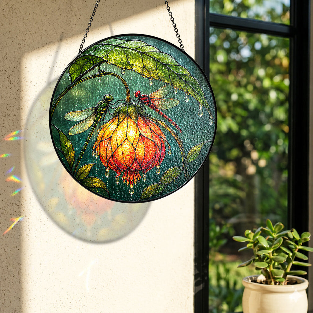 Dragonfly & Glowing Fuchsia Stained Glass Suncatcher