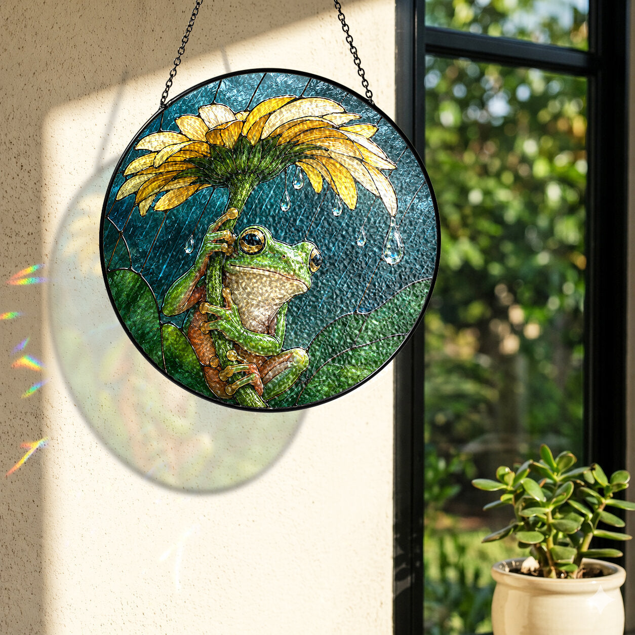 Frog with Sunflower Umbrella Stained Glass Suncatcher