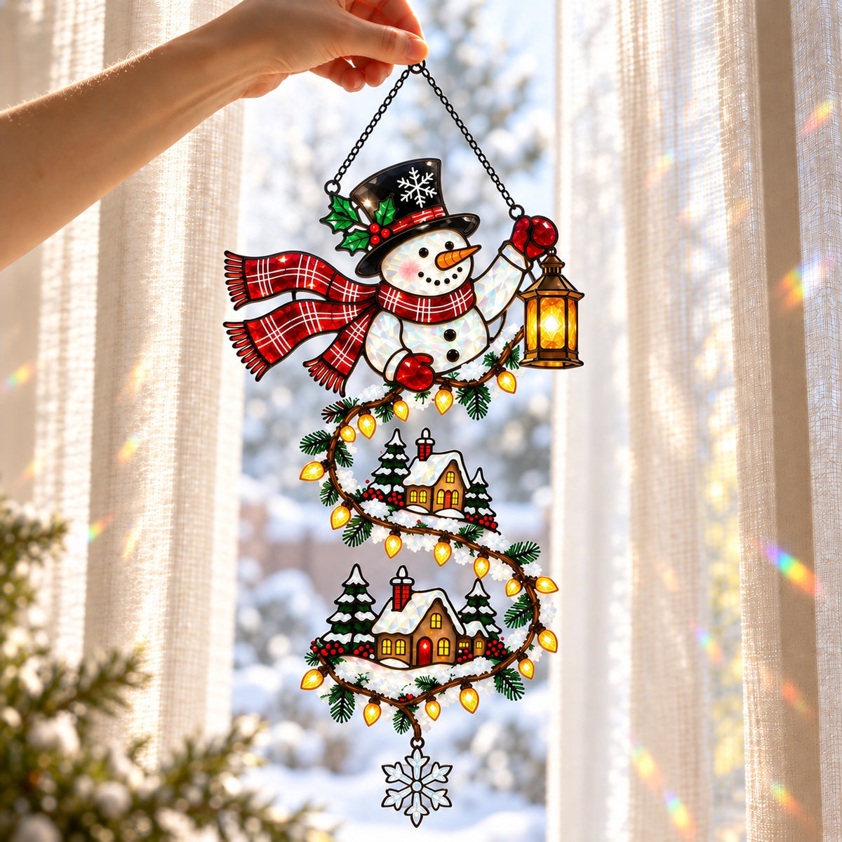 Personalized Snowman with Lantern & Winding Village Holographic Acrylic Suncatcher