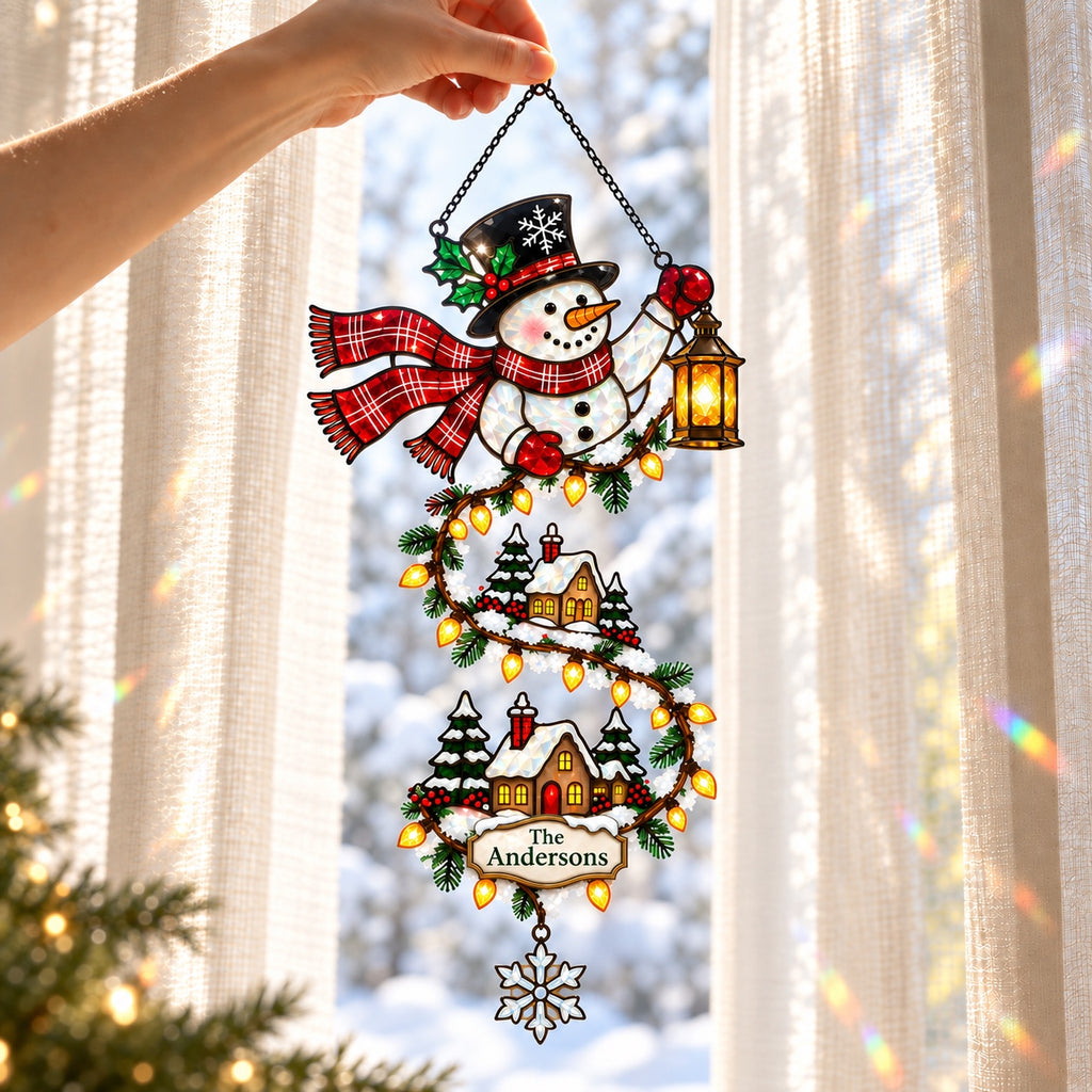 Personalized Snowman with Lantern & Winding Village Holographic Acrylic Suncatcher