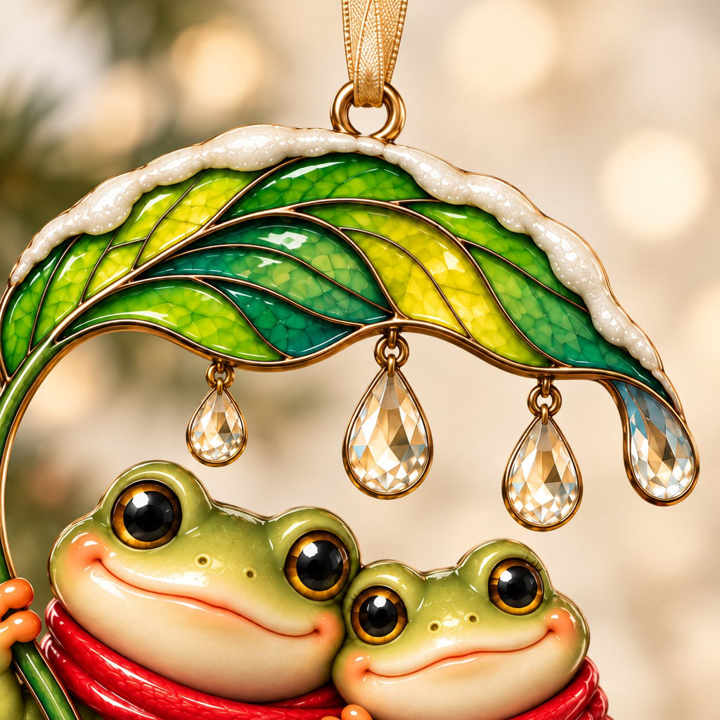 Frog Couple Under One Little Leaf Acrylic Christmas Ornament