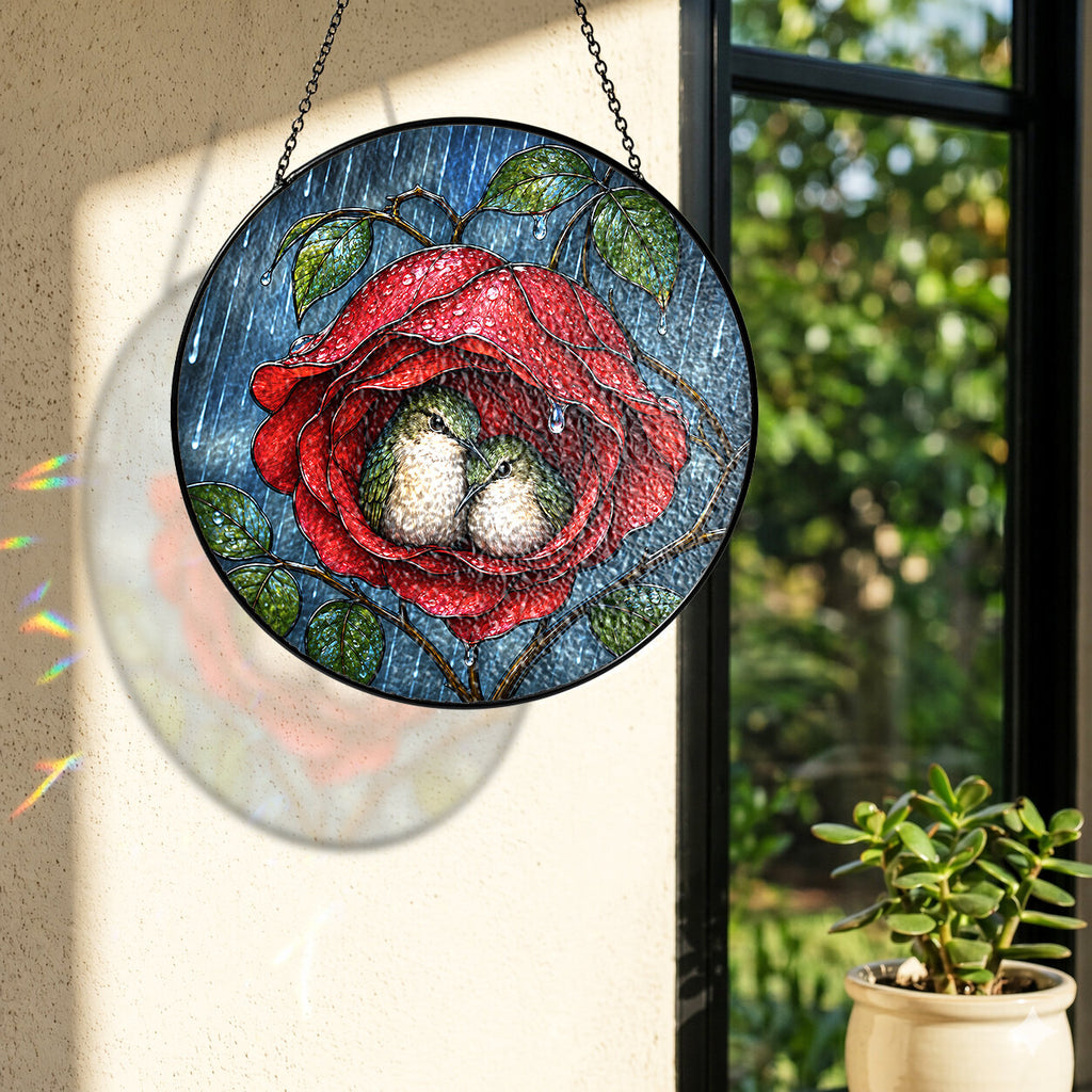 Lovebirds in a Rose Stained Glass Suncatcher