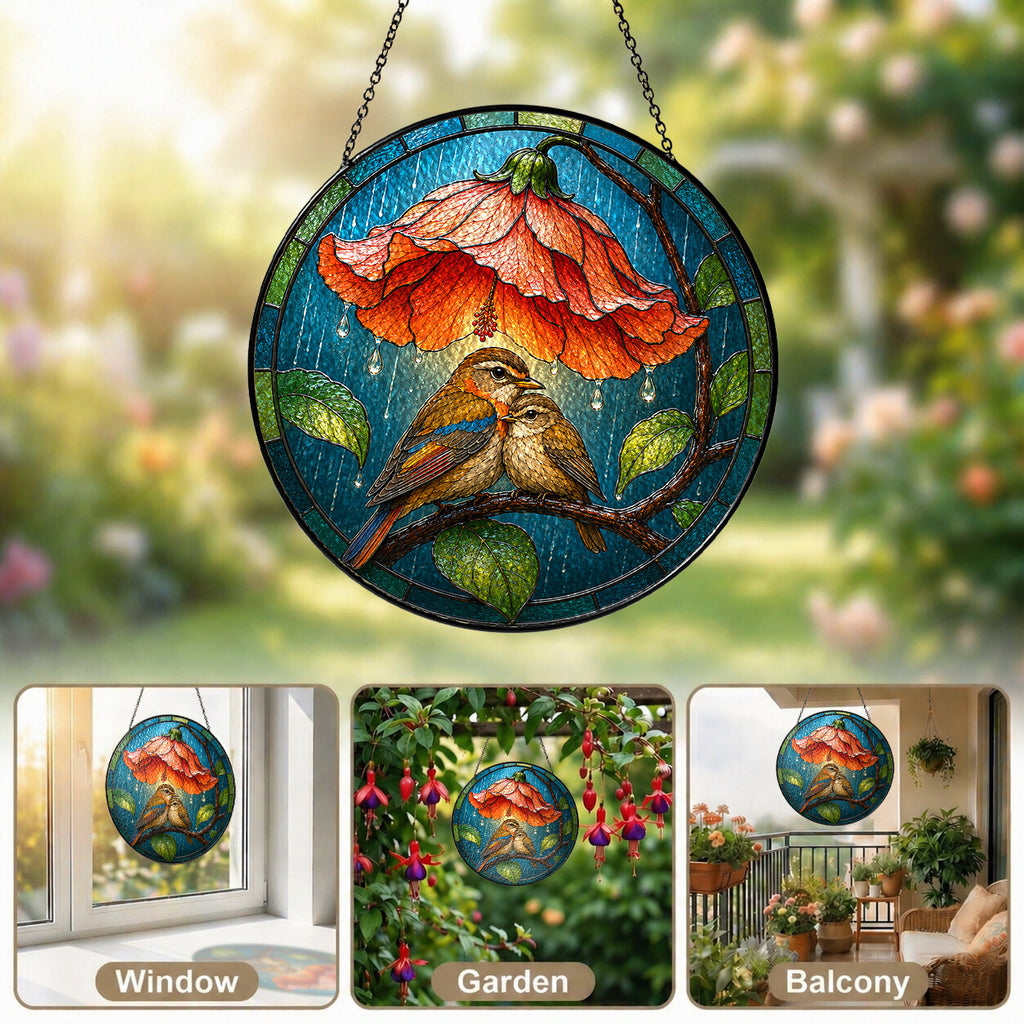 Lovebirds Flower Umbrella Stained Glass Suncatcher