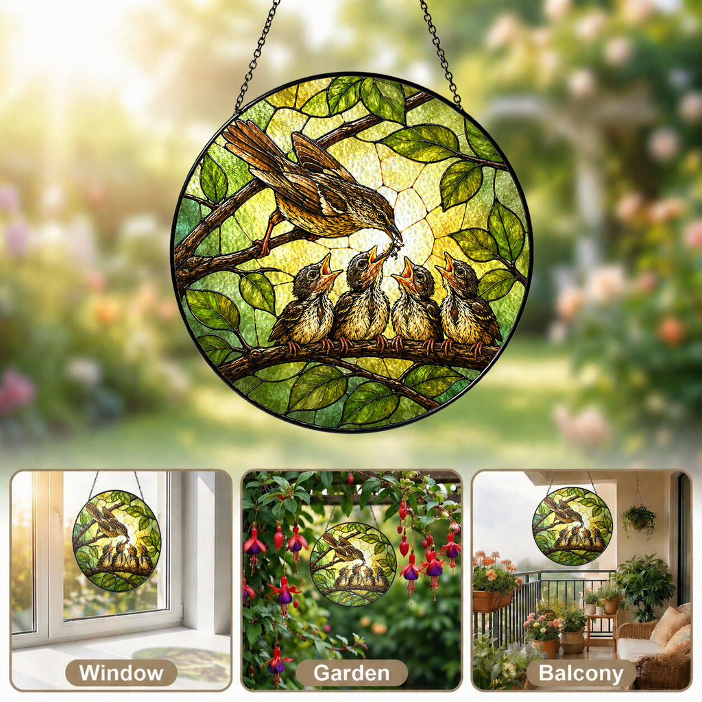 Mother Bird Feeding Chicks Stained Glass Suncatcher