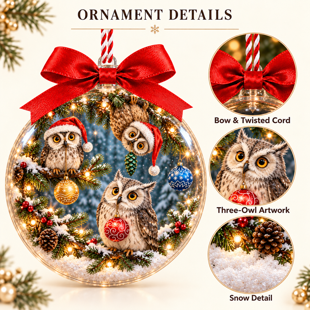 Three Owls in Santa Hats Snowy Christmas Bauble Ornament