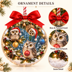 Three Owls in Santa Hats Snowy Christmas Bauble Ornament