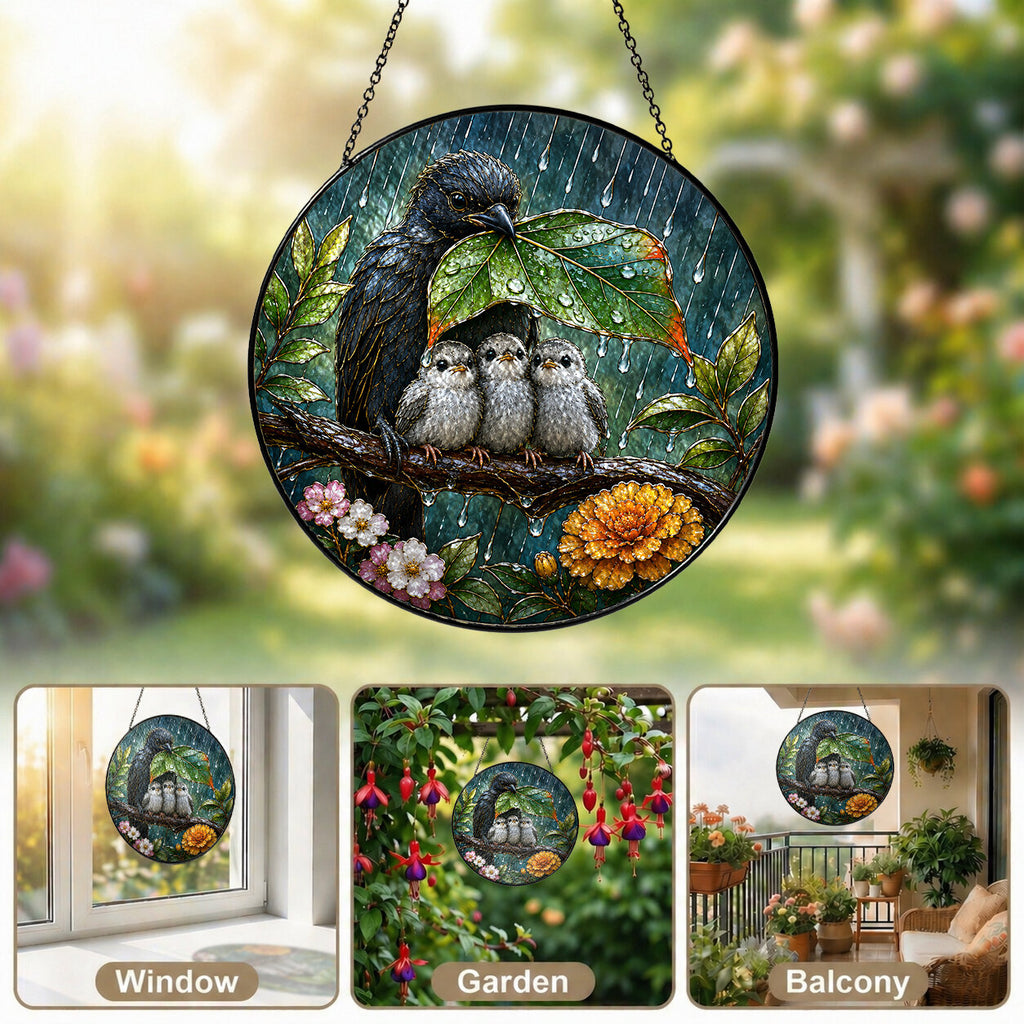 Sheltering Bird Family Stained Glass Suncatcher